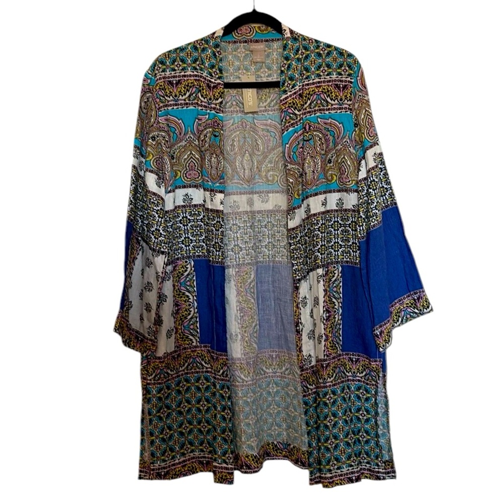 Chico’s Linen Cardigan/Kimono Paisley Patchwork print, teal/pink/white/black, M